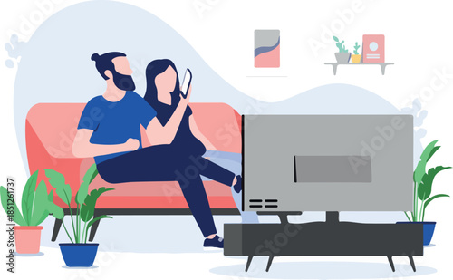 Couple watching TV at home in sofa - Man and woman in apartment using technology and internet, like television and smartphone