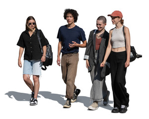 Group of friends walking together in the street in summer isolated on white and transparent background