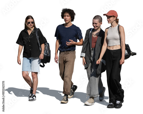 Foto Group of friends walking together in the street in summer isolated on white and