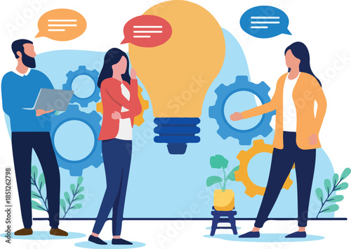 Creative business work process - Team or group of people brainstorming and working in front of light bulb and cogwheels discussing innovative solutions together. Flat design vector illustration