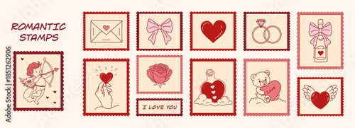 Valentine's Day hand-drawn love post stamps in doodle sketch style, romantic postal elements. A cute, creative, vector set for postcards, mail art, letters,and festive scrapbook designs. Heart symbols