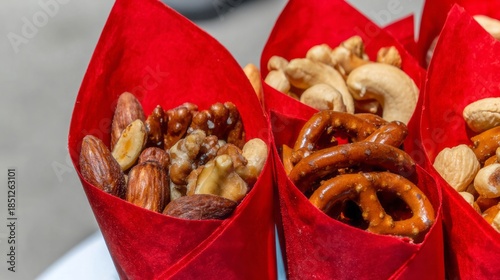 Snacks nestle in vibrant scarlet cones whispering Oktoberfest revelries, blending multicultural flavors of almonds, pretzels, and cashews