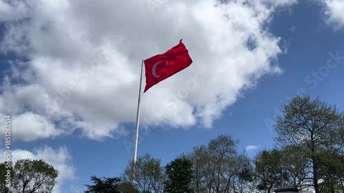 Turkish flag waving in the wind, red and white flag with crescent and star.