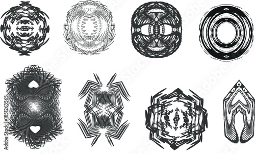 Collection of abstract black and white geometric patterns and shapes