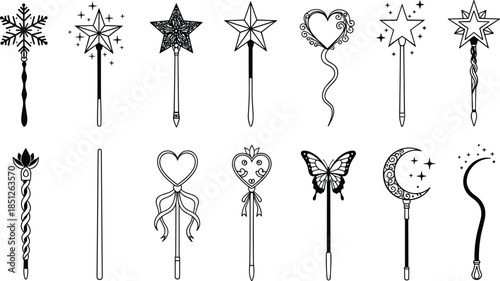 Magic wand icons set with stars hearts moon butterfly fantasy elements flat black vector illustration isolated white background