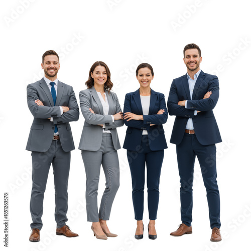 Four Professionals in Grey and Navy Suits Pose with Crossed Arms Against White Background — Coordinated Attire, Warm Smiles, Confident Stances — Representing Trust, Teamwork, and Unified Leadership in
