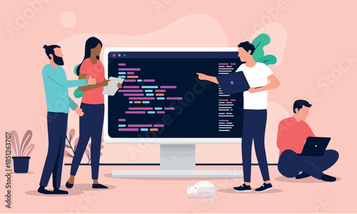 Developers working - Team of web developing people talking and discussing while doing work on code on computer screen. Flat design vector illustration