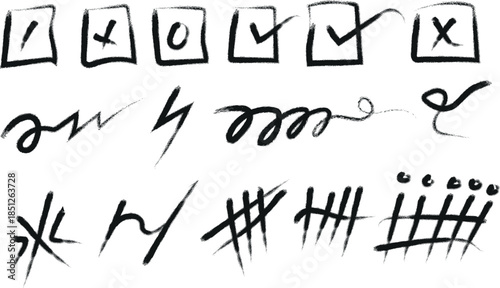 Ancient symbolic markings and tally marks on white background