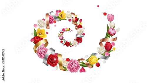 Eye-catching floral spiral made of vivid colorful flowers, isolated on a transparent background.