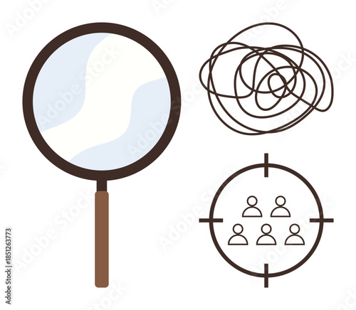 Magnifying glass, tangled lines, and target with people highlighting analysis, clarity, focus, research, organization, precision and teamwork. Ideal for strategy problem-solving decision-making