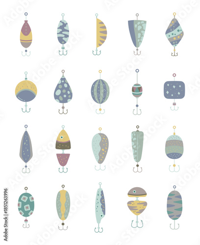 Fishing bait set in scandinavian style lure hook featuring objects designed angling equipment usage water sport on the environment and recreation elements angler