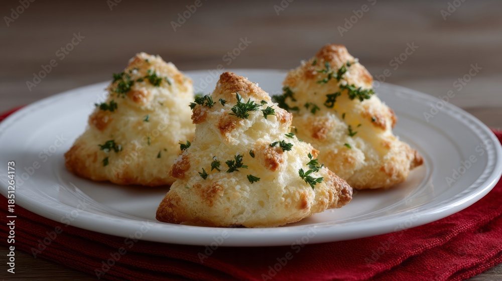 Fototapeta premium Fluffy scones adorned with parsley dance on a plate, evoking Scandinavian fika and the cozy embrace of Hygge