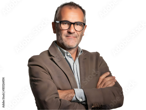 Mature man with beard wearing brown jacket, arms crossed