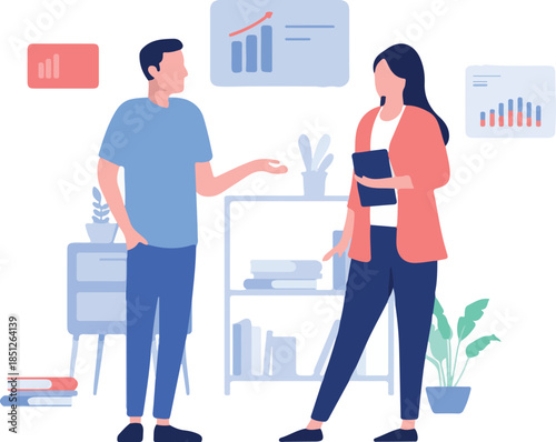 Discussing chars and data - Man and woman in office working with financial graphs talking and having conversation about business result. Flat design vector illustration with white background