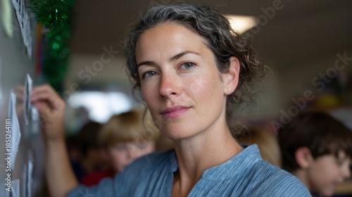 A thoughtful Caucasian woman in a serene classroom, epitome of wisdom, celebrating World Teachers' Day and lifelong learning
