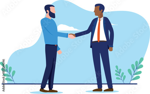 Diverse business handshake - Two businesspeople with different ethnicities shaking hands over deal and agreement. Flat design vector illustration with white background