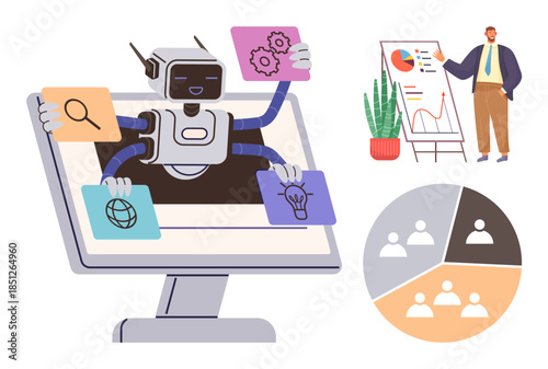 Robot emerging from monitor holding icons for innovation, global access, and research. Businessman presenting analytics with whiteboard and plant decoration nearby. Ideal for AI, data management