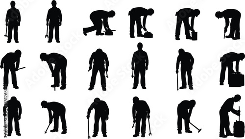 Mechanic worker silhouettes set showing repair maintenance actions with tools black vector illustration collection isolated on white background