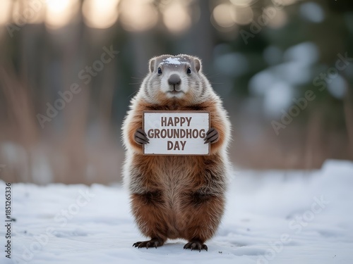 Adorable groundhog celebrating Happy Groundhog Day with sign in snow, winter holiday concept, wildlife humor, seasonal tradition image