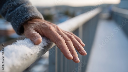 A hand, possibly Caucasian male, grazing frost-kissed railing, echoes Winter Solstice contemplation and frosty haiku inspirations