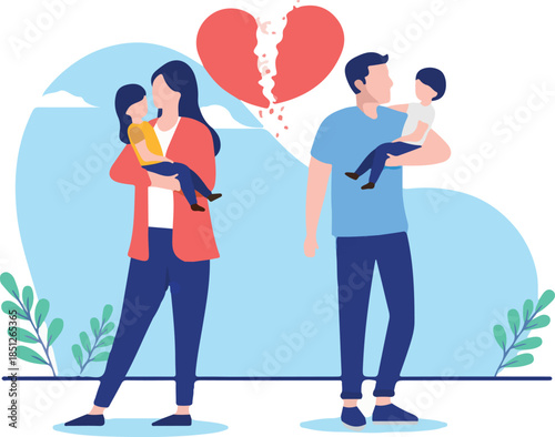 Divorced parents - Couple with kids breaking up and having divorce holding a child each with broken heart symbol. Flat design vector illustration with white background