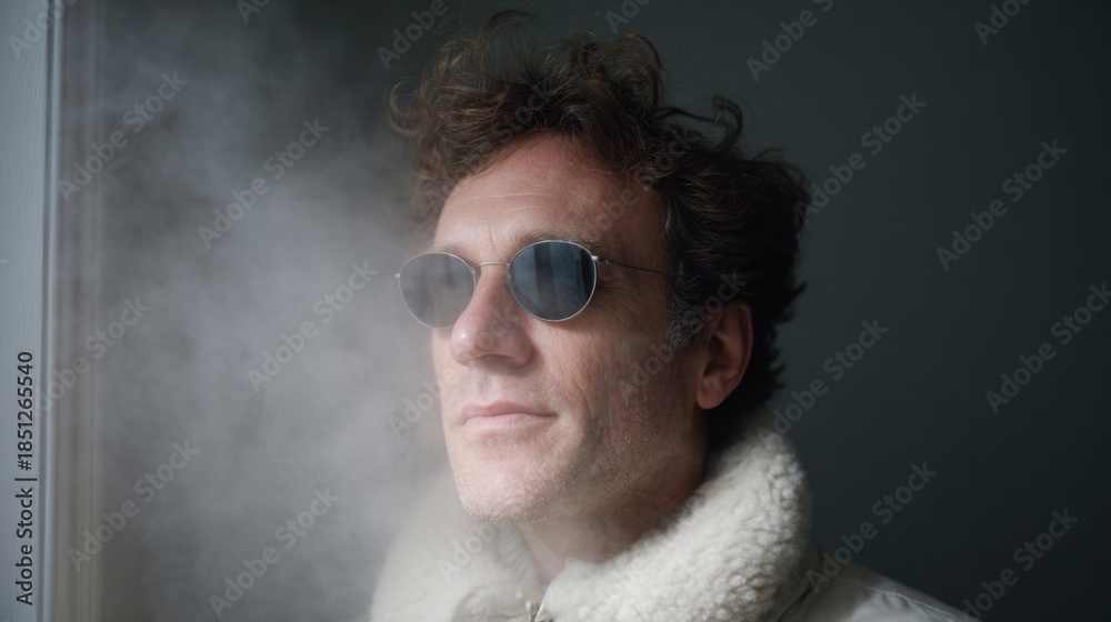 Fototapeta premium A contemplative Caucasian man in aviator sunglasses, surrounded by ethereal mist, embodies both Dia de Muertos solemnity and the quirky charm of National Bubble Wrap Appreciation Day