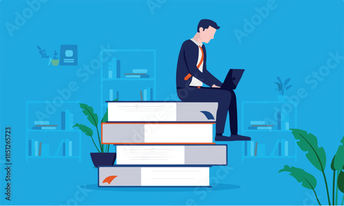 Educate yourself - Man sitting on books reading on computer. Learn new skills, personal growth, and gaining knowledge concept. Vector illustration