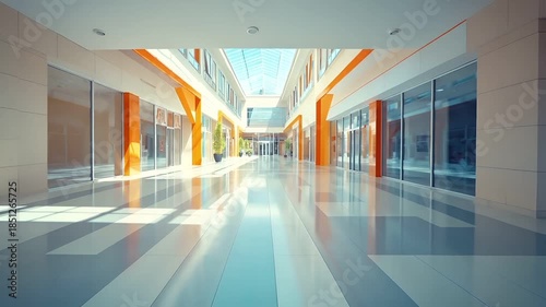 Holiday shopping season. Retail business promotion concept. Aerial view of modern multistory building interior with orange and white architecture, featuring a long corridor with a skylight overhead.