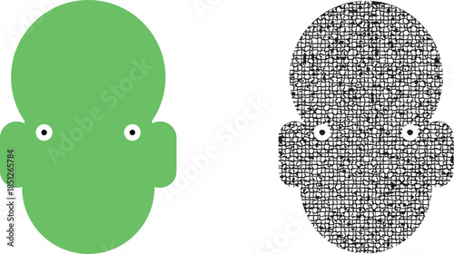 Smooth Green Character Vector vs. Glitch Digital Noise Texture – Abstract Data Error & Transformation Concept Art