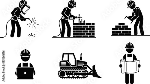 Construction icon set, black white line art, worker engineer architect bulldozer, welding drilling bricklaying, job role illustration, industry symbol pack