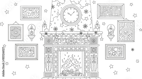 Decorated fireplace scene, winter holiday line art, festive mantel sketch, clock candle snowflake design, cozy interior illustration, coloring page template