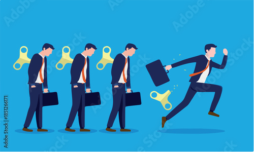 Entrepreneur - Man breaking out of regular work life to start his own business. Break free, independence and take action concept. Vector illustration