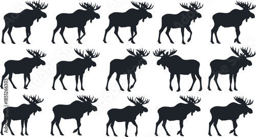 Moose silhouettes collection featuring walking and standing poses of wild animals isolated on white background, minimalist wildlife illustration set