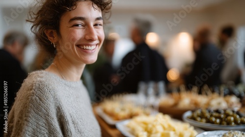 A joyful woman of Caucasian descent beams amid a festive cheese feast, embodying conviviality and hygge during Cheese Fondue Day