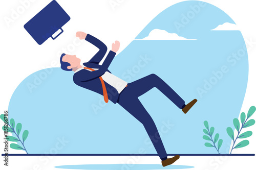 Falling businessman in corporate suit failing and being a business failure. Unsuccessful career and misfortune concept. Flat design vector illustration with white background