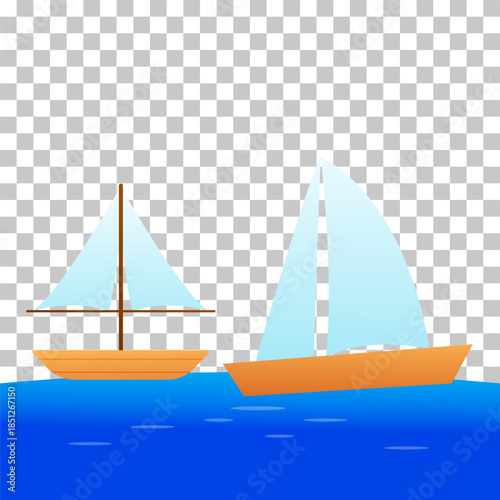 Sailboats with light blue sails and wooden hulls floating on calm blue water against a transparent background.