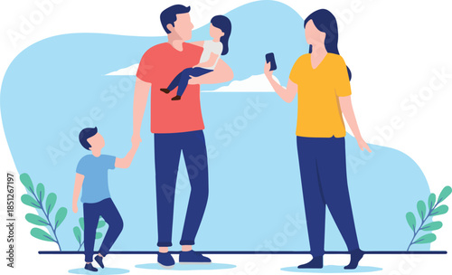 Family of four outdoors - Parents with two children taking photo with phone and enjoying leisure activity. Flat design vector illustration with white background
