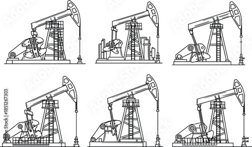 Oil pumpjack set industrial oil rig illustration collection petroleum extraction machinery line vector icons isolated on white background