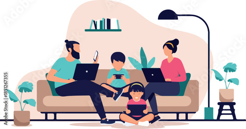 Family using various digital devices and screens such as laptops, a smartphone and a tablet while relaxing together on the sofa at home, flat design vector illustration