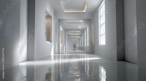 Minimal white corridor with soft shadows and reflective silence 
