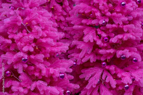 Pink spruce branches with burgundy baubles. New Year's background. Part of the frame.