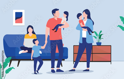 Family with many children indoors in living room. Parenting and raising kids concept, flat design vector illustration.
