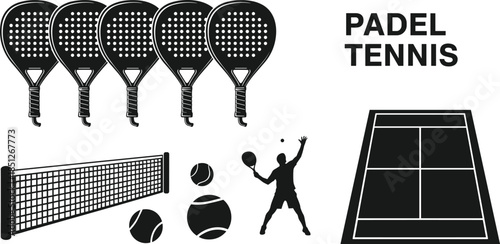 Padel tennis silhouettes set with rackets court net balls and player isolated on white background modern sport vector illustration