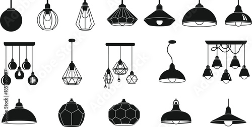 Pendant light silhouette vector set featuring modern hanging lamps, ceiling lighting fixtures, black interior decor icons isolated on white background