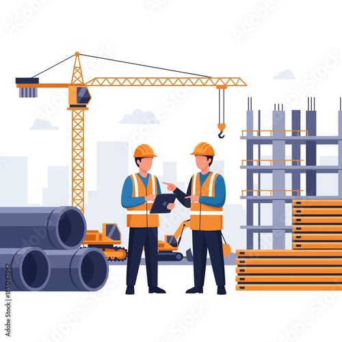 Two Construction Workers Discussing Project Details.