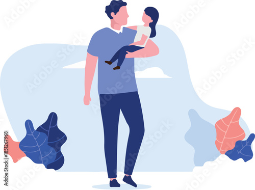 Father and daughter vector - Illustration of dad carrying little girl in arm. Parenting concept, flat design with white background