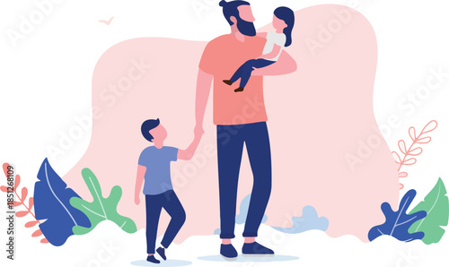 Father with two children - Dad standing outdoors with kids spending time together. Flat design vector illustration with white background and copy space for text