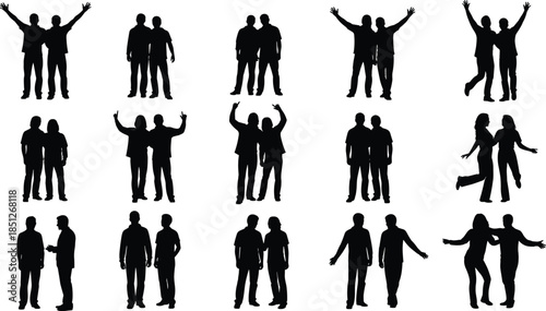 People couple silhouettes set showing friendship celebration conversation and happy poses isolated on white background human relationship vector illustration