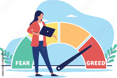 Fear and greed indicator - Businesswoman investor looking at stock market and investment sentiment on scale showing red for greed. Flat design vector illustration on white background.