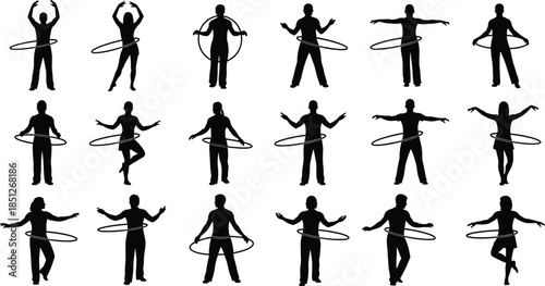 People hula hoop silhouettes set showing fitness exercise poses isolated on white background healthy lifestyle sport vector illustration